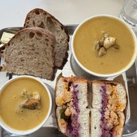 Sweet potato / Lentil soup + cauliflower bagel  at Naked Soup in Glasgow