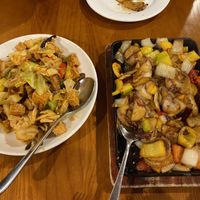 Tofu and vege stir fry and sizzling potato with capsicum and cumin  at Papa Chou's Yum Cha & Chinese Dining in Dunedin