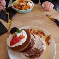 Vegan pancakes (and my husband's non vegan food) at Cookie Beacon Brunch in Budapest