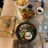 Shashuka burrata and cookie are vegetarian. The chicken and waffles are not.   at Cookie Beacon Brunch in Budapest