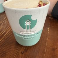 Raspberry-pistachio latte (almond milk)  at Cookie Beacon Brunch in Budapest