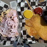 funnel cake and corn dog  at Vegan Circus in Sacramento