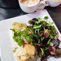 Vegan Just Egg burrito with side salad and oat milk lattes at Guevara's - Domino Park in Brooklyn