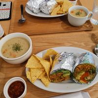 Vegan Burrito with Nachos and a vegetable soup at ONE EARTH in Hiroshima
