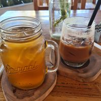 Iced Cappuccino with soy milk and iced ginger tea at The Juice Bar by Bajo Bloom in 