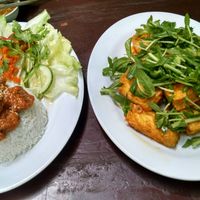 left beef steak and rice (if you like fake meat and not real meat, don't eat this... its very beefy) 

Left is tofu with lemongrass and chili sauce. The sauce was pretty bland but the tofu is coated in egg which was all I could taste at Bo De  in Nha Trang