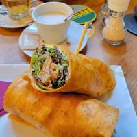 Vegan chicken wrap and oat cappuccino at Lokaal 't Loosje in Amsterdam