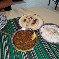Daal, roti and spiced rice at Green Life Market in Sarande