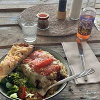 Shepard’s Pie, a salad, focaccia, and kombucha.   at Green Life Market in Sarande