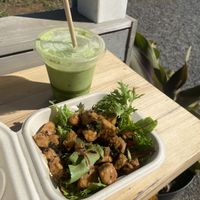 Iced matcha and tempeh poke for breakfast before a hike.   at Booch + Coco in Haiku