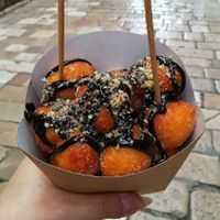 Frittelle con salsa di cioccolato e frutta secca sbriciolata. at Jeti Sweet House Zadar in Zadar