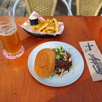 Seoul treat aka kimchi burger with portion a fries with vegan mayo and a pint Paulaner at Freddy's Beerkitchen in Nijmegen