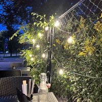 Outdoor seating after the sunset   at Dozo Vegan Ramen in Warsaw