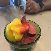 Mango and strawberry sorbet  at The Artichoke Cafe in Albuquerque