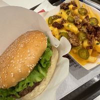 BBQ burger and cheese fries  at Vegan Burger - Dubai Mall in Dubai