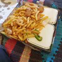 vegan munchie box with salt and pepper chips, smiley faces, batterred chicken balls, 'pork' balls, no-egg fried rice and chow mein. at Rebecca's Chinese in Kirkcaldy