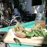 Vegan avo toast with salad and strawberry soda at El Local in Antigua