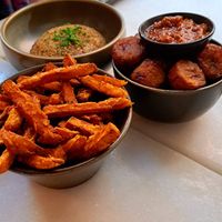 Rice, sweet potato fries and plantain bananas at Yaka - Afrotoria in Liege