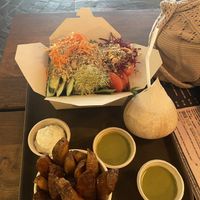 mana salad, green goddess dressing, coconut, and potato chips (with bbq sauce!) at MANA! - Soho in Hong Kong Island