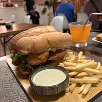 Vegan burger with fried mushroom  at Street Three Restaurant & Bar Kratie in Krong Kracheh