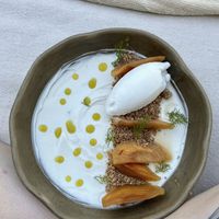 apple chújuk (confit apple, crumble, coconut sorbet)  at Vesica in Tulum