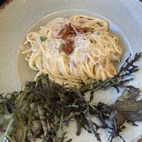  Cashew-Carbonara mit veganem Speck  at Bistro Verde in Copenhagen