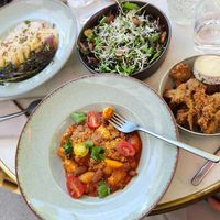 Gnocchi, fried mushrooms, carbonara, strawberry salad, salmon smorrebrod at Bistro Verde in Copenhagen