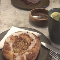 Dessert with cheese cake and cinnamon bun  at Bistro Verde in Copenhagen