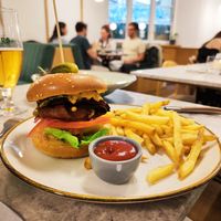 Burger and fries at Bistro Verde in Copenhagen