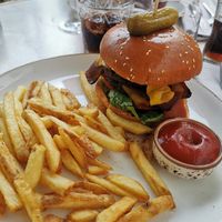 Burger with Beyond Meat patties. at Bistro Verde in Copenhagen
