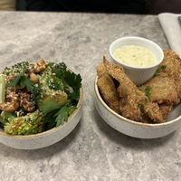 Broccoli and fried mushroom starters  at Bistro Verde in Copenhagen