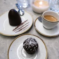 Desserts: Homemade Praliné + Flødebolle at Bistro Verde in Copenhagen