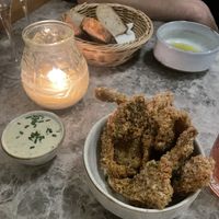 Oyster mushrooms with garlic aioli (and sourdough with olive oil)  at Bistro Verde in Copenhagen