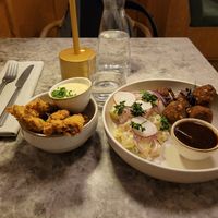 Frikadeller and fried mushrooms at Bistro Verde in Copenhagen