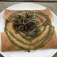 Pancake with onion compote, grilled peppers and artichoke - very good and tasty!   at Kesses Hus in Klitmoeller