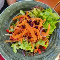 Big mixed salad with German farmers bread at Vereinshain in Bamberg