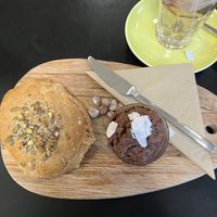 bun with dadeltella and tea  at Café Gaya in Aarhus