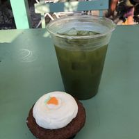 carrot cake cupcake and matcha lemonade!!!!  at Clementine Bakery in Brooklyn