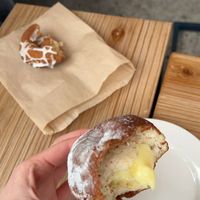 Gluten free pumpkin donut (far), custard filled donut (near)  at Clementine Bakery in Brooklyn