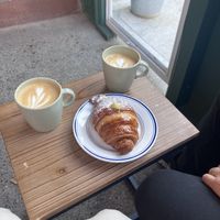 Soy lattes and a pistachio croissant 🥐 😋   at Clementine Bakery in Brooklyn
