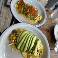 Vegan breakfast tacos (one order with the hot sauce and one without)  at Clementine Bakery in Brooklyn