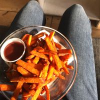 Some good ol SWEET POTATO FRIES WITH BBQ SAUCE   at Clementine Bakery in Brooklyn
