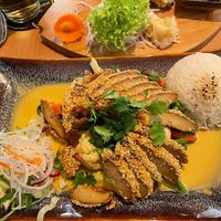 Rice with peanut coconut curry and duck  at Miss Vegan in Berlin