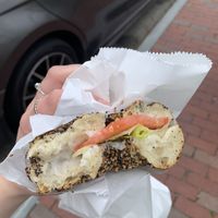 Everything bagel sandwich with vegan cream cheese, lettuce and tomato    at Bagel Hound in Wellfleet