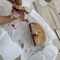 Sesame seed bagel with berry jam.  at Bagel Hound in Wellfleet