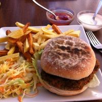 Vegan burger and sauces at Bean and Gone Cafe in 