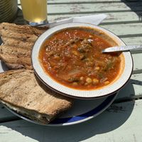 Tomato chickpea stew with vegan cheese toastieng  at The Pack Horse Cafe in Bridport