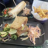 Fake bacon, lettuce and tomato sandwich and baguette ( bacon is from Vegan skinhead which is the best) and garlic mushrooms on sourdough toast 😍  at The New Denver in Cullen