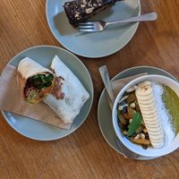 Snickers cake, matcha bowl, and vegan wrap at Funk You Natural Food in Berlin