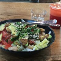 bean and avocado salad with fire starter juice at Funk You Natural Food in Berlin